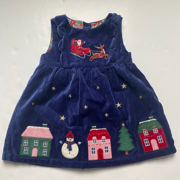 Mini Boden Other - Baby Boden Santa Scene Blue Velvet Pinnie
